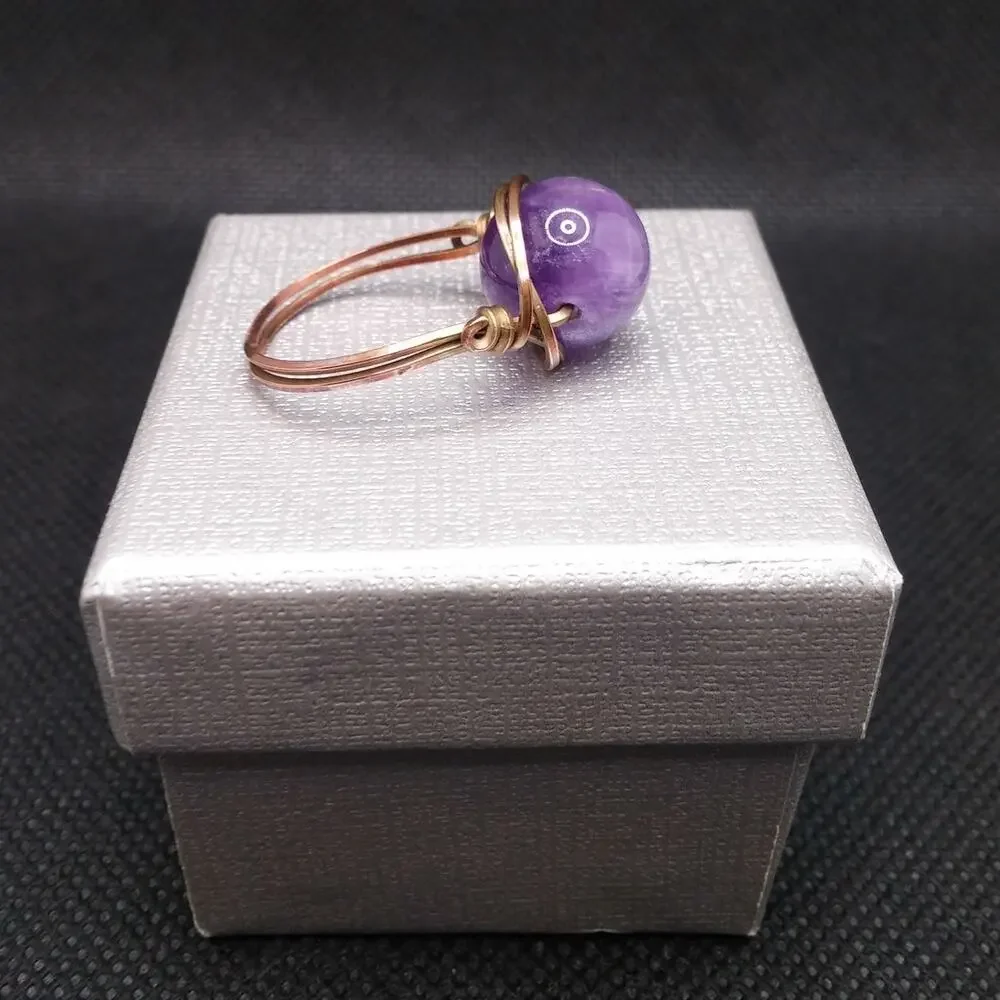 Artisan Amethyst Copper Ring Solitaire Wire Wrapped 12mm Gemstone Sz 8 NEW